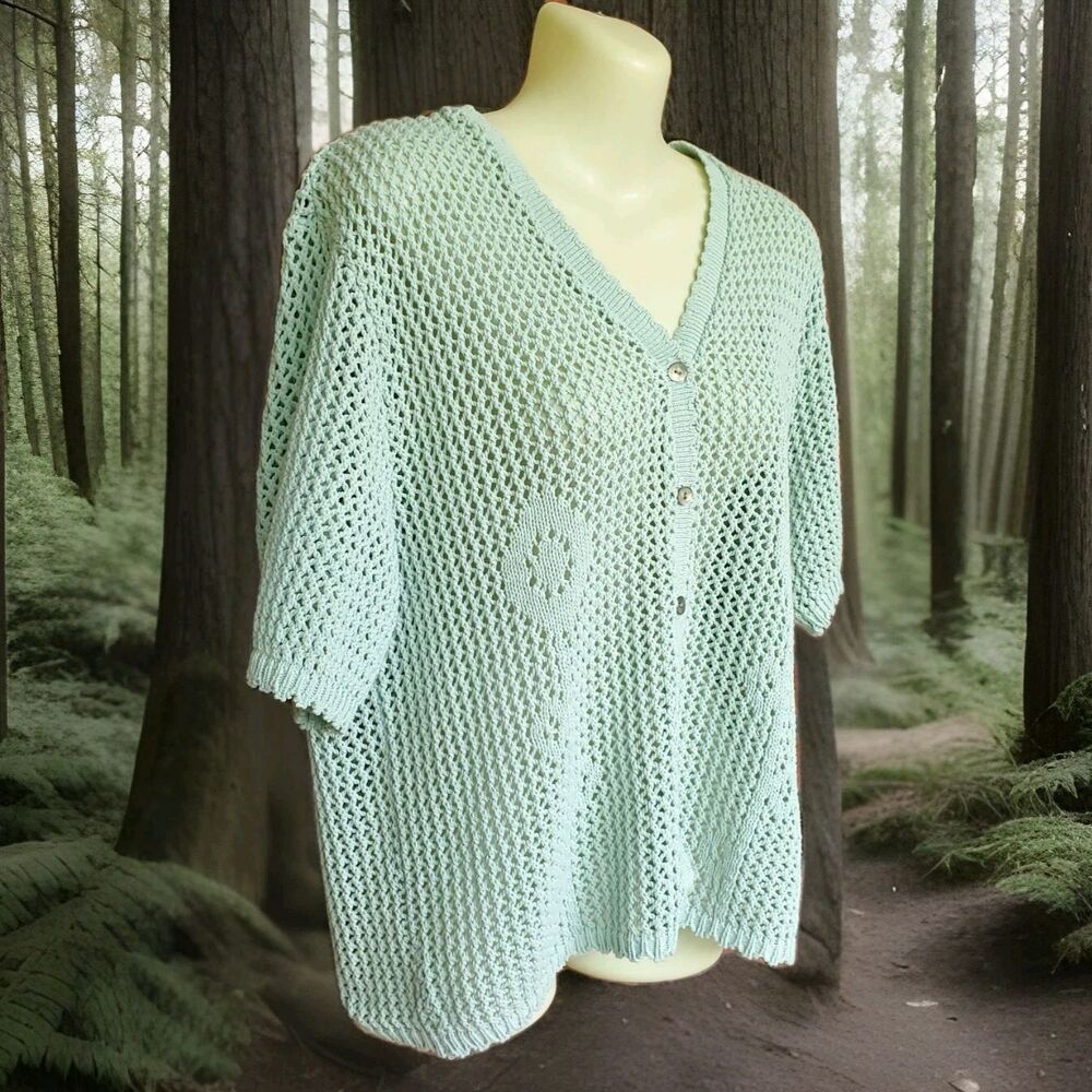 Vintage Short Sleeve Crochet Cardigan Womens XL Green Cottagecore Granny Sweater